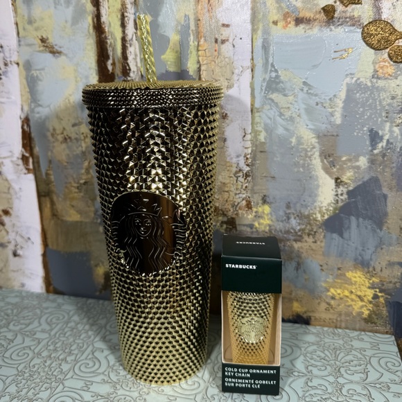 NWT Starbucks Gold Chrome Venti Studded Tumbler and Matching Keychain Bundle - Picture 3 of 4